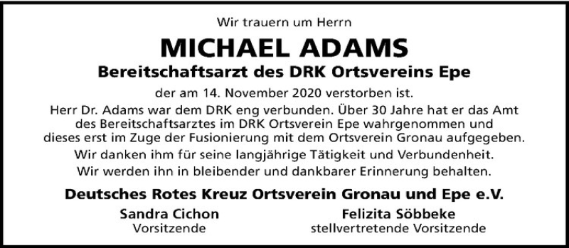  Traueranzeige für Michael Adams vom 21.11.2020 aus Westfälische Nachrichten