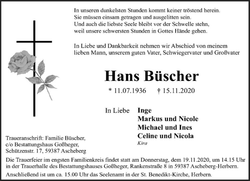  Traueranzeige für Hans Büscher vom 18.11.2020 aus Westfälische Nachrichten