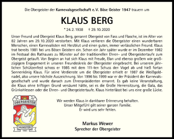 Anzeige von Klaus Berg von Westfälische Nachrichten