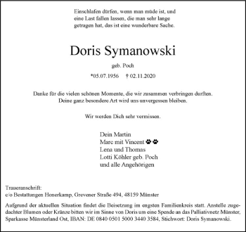Anzeige von Doris Symanowski von Westfälische Nachrichten