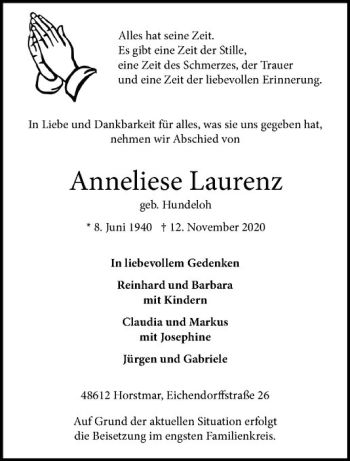 Anzeige von Anneliese Laurenz von Westfälische Nachrichten