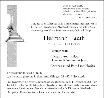 Anzeige von Hermann Hauth von Westfälische Nachrichten