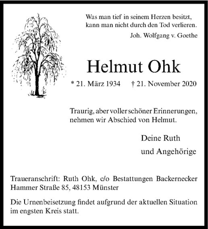  Traueranzeige für Helmut Ohk vom 28.11.2020 aus Westfälische Nachrichten