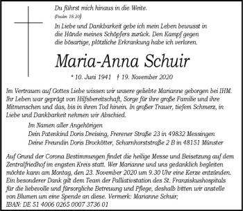 Anzeige von Maria-Anna Schuir von Westfälische Nachrichten