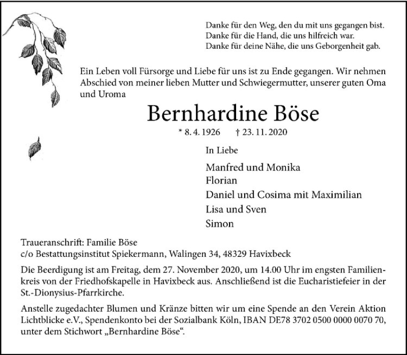 Traueranzeige für Bernhardine Böse vom 25.11.2020 aus Westfälische Nachrichten