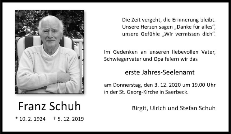  Traueranzeige für Franz Schuh vom 28.11.2020 aus Westfälische Nachrichten
