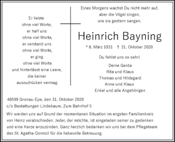 Anzeige von Heinrich Bayning von Westfälische Nachrichten