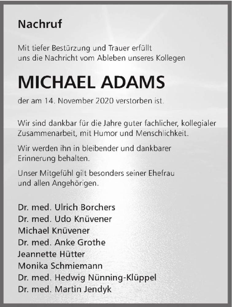  Traueranzeige für Michael Adams vom 28.11.2020 aus Westfälische Nachrichten