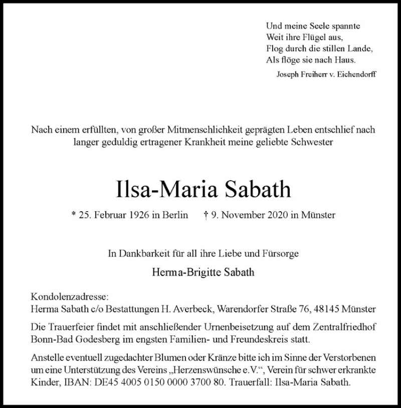  Traueranzeige für Ilsa-Maria Sabath vom 14.11.2020 aus Westfälische Nachrichten