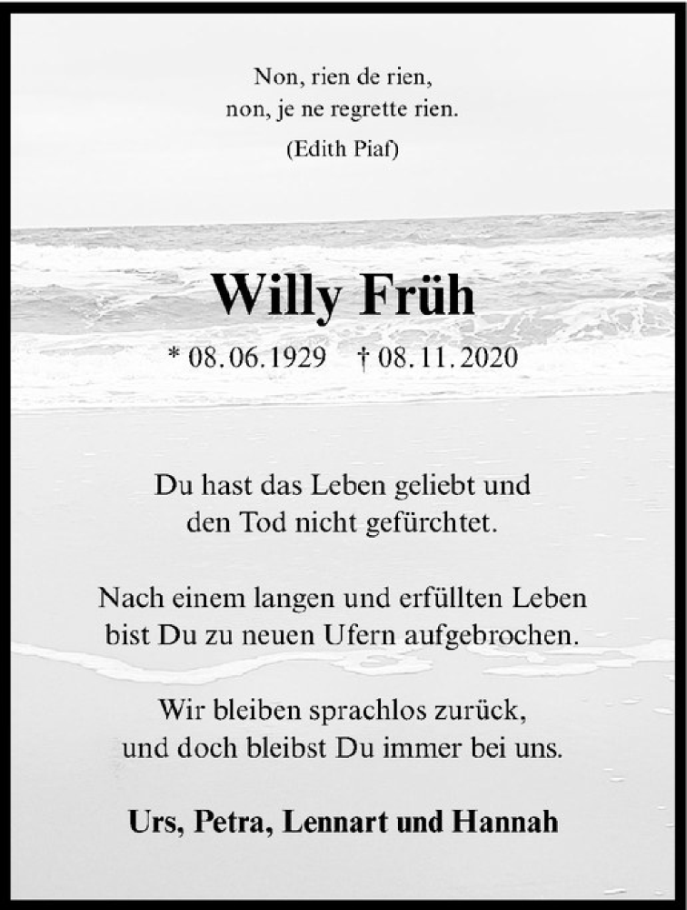  Traueranzeige für Willy Früh vom 14.11.2020 aus Westfälische Nachrichten