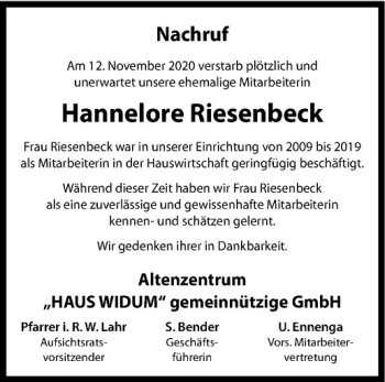 Anzeige von Hannelore Riesenbeck von Westfälische Nachrichten