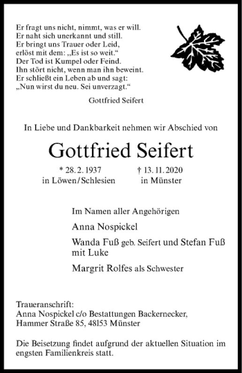 Anzeige von Gottfried Seifert von Westfälische Nachrichten