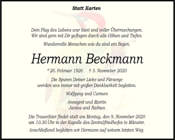 Anzeige von Hermann Beckmann von Westfälische Nachrichten