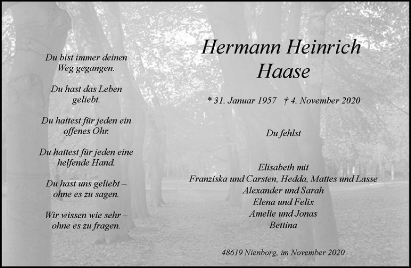  Traueranzeige für Hermann Heinrich Haase vom 10.11.2020 aus Westfälische Nachrichten