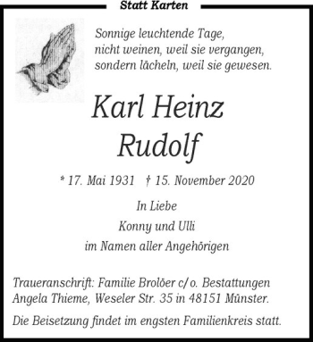 Anzeige von Karl Heinz Rudolf von Westfälische Nachrichten