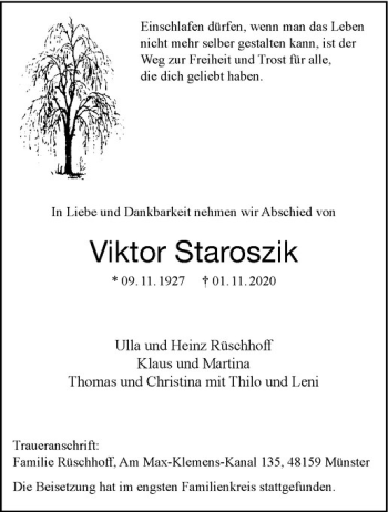 Anzeige von Viktor Staroszik von Westfälische Nachrichten
