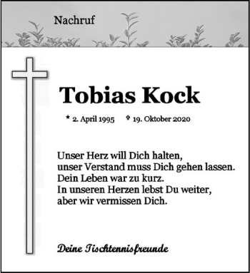 Anzeige von Tobias Kock von Westfälische Nachrichten