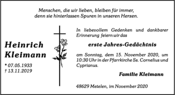 Anzeige von Heinrich Kleimann von Westfälische Nachrichten