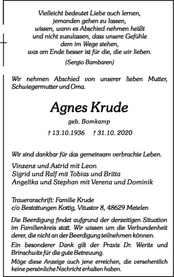 Anzeige von Agnes Krude von Westfälische Nachrichten