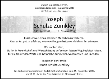Anzeige von Joseph Schulze Zumkley von Westfälische Nachrichten