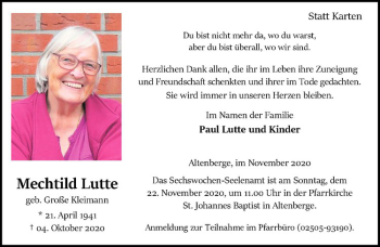 Anzeige von Mechtild Lutte von Westfälische Nachrichten