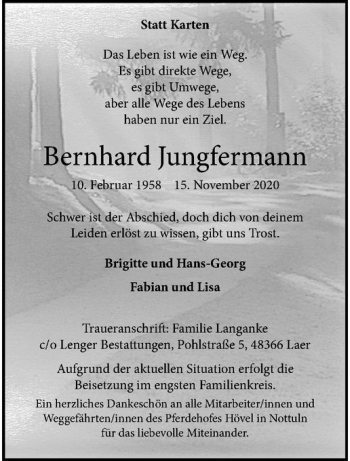 Anzeige von Bernhard Jungfermann von Westfälische Nachrichten