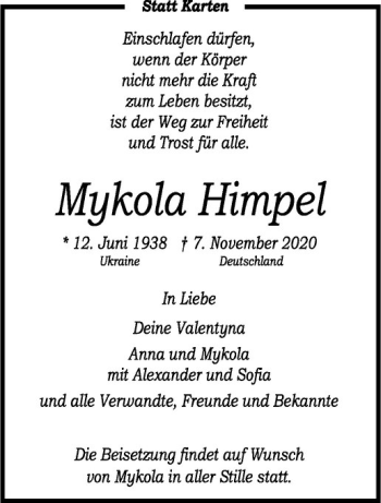 Anzeige von Mykola Himpel von Westfälische Nachrichten