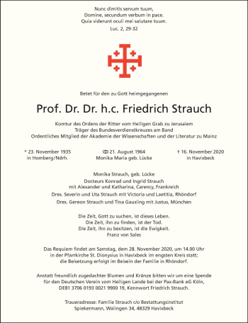 Anzeige von Friedrich Strauch von Westfälische Nachrichten