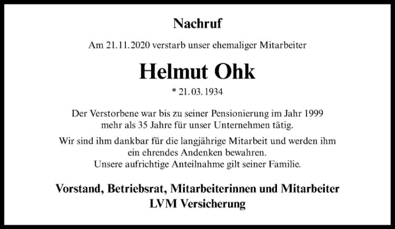  Traueranzeige für Helmut Ohk vom 28.11.2020 aus Westfälische Nachrichten