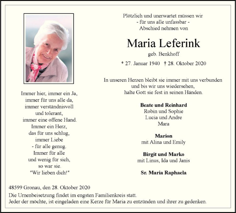  Traueranzeige für Maria Leferink vom 31.10.2020 aus Westfälische Nachrichten