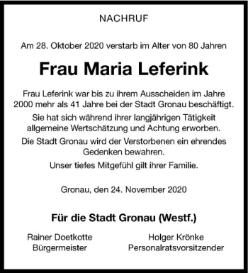 Anzeige von Maria Leferink von Westfälische Nachrichten