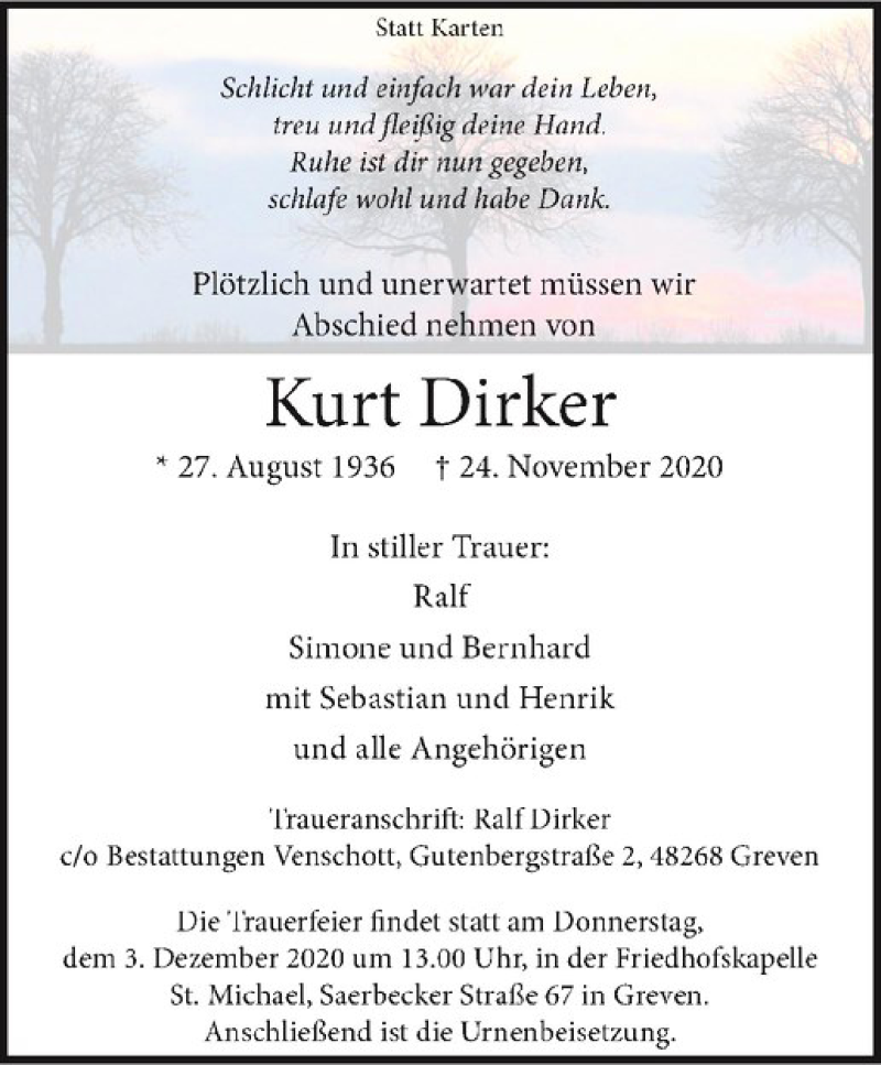  Traueranzeige für Kurt Dirker vom 28.11.2020 aus Westfälische Nachrichten