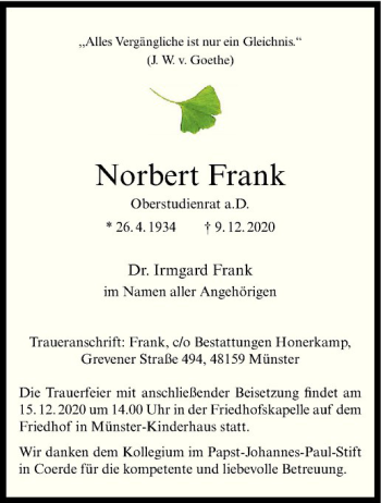 Anzeige von Norbert Frank von Westfälische Nachrichten