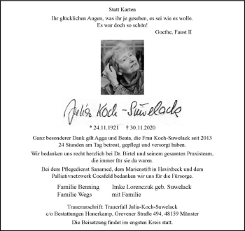Anzeige von Julia Koch-Suwelack von Westfälische Nachrichten