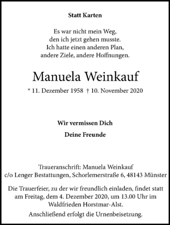 Anzeige von Manuela Weinkauf von Westfälische Nachrichten