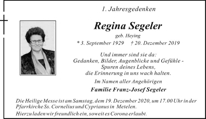  Traueranzeige für Regina Segeler vom 17.12.2020 aus Westfälische Nachrichten
