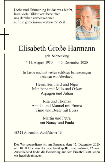 Anzeige von Elisabeth Große Harmann von Westfälische Nachrichten