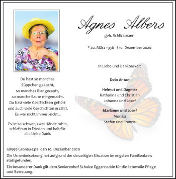 Anzeige von Agnes Albers von Westfälische Nachrichten