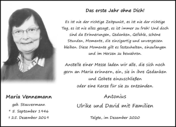 Anzeige von Maria Vennemann von Westfälische Nachrichten