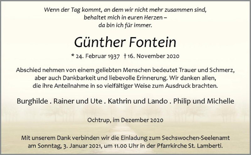  Traueranzeige für Günther Fontein vom 31.12.2020 aus Westfälische Nachrichten