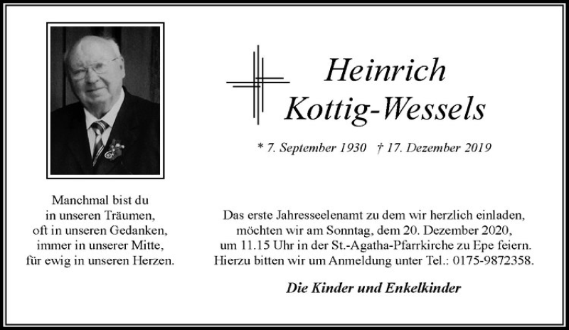  Traueranzeige für Heinrich Kottig-Wessels vom 12.12.2020 aus Westfälische Nachrichten