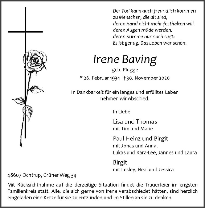  Traueranzeige für Irene Baving vom 02.12.2020 aus Westfälische Nachrichten