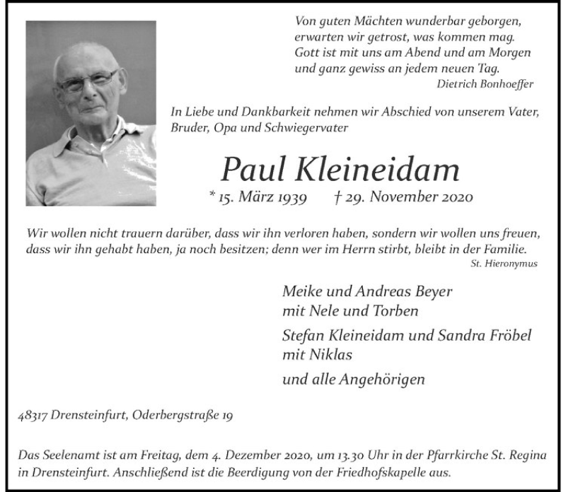  Traueranzeige für Paul Kleineidam vom 01.12.2020 aus Westfälische Nachrichten