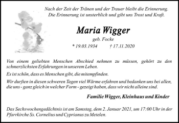 Anzeige von Maria Wigger von Westfälische Nachrichten