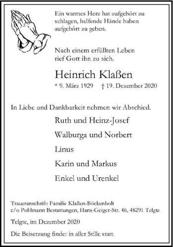 Anzeige von Heinrich Klaßen von Westfälische Nachrichten