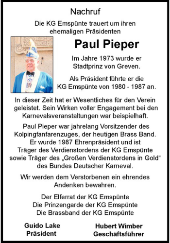 Anzeige von Paul Pieper von Westfälische Nachrichten