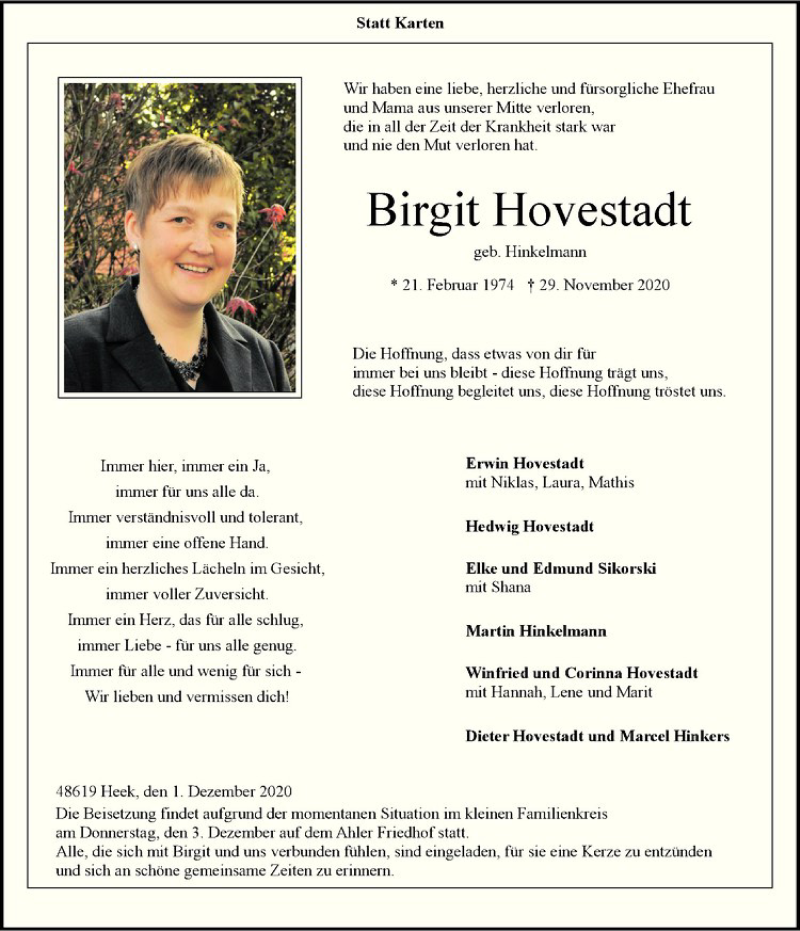  Traueranzeige für Birgit Hovestadt vom 02.12.2020 aus Westfälische Nachrichten