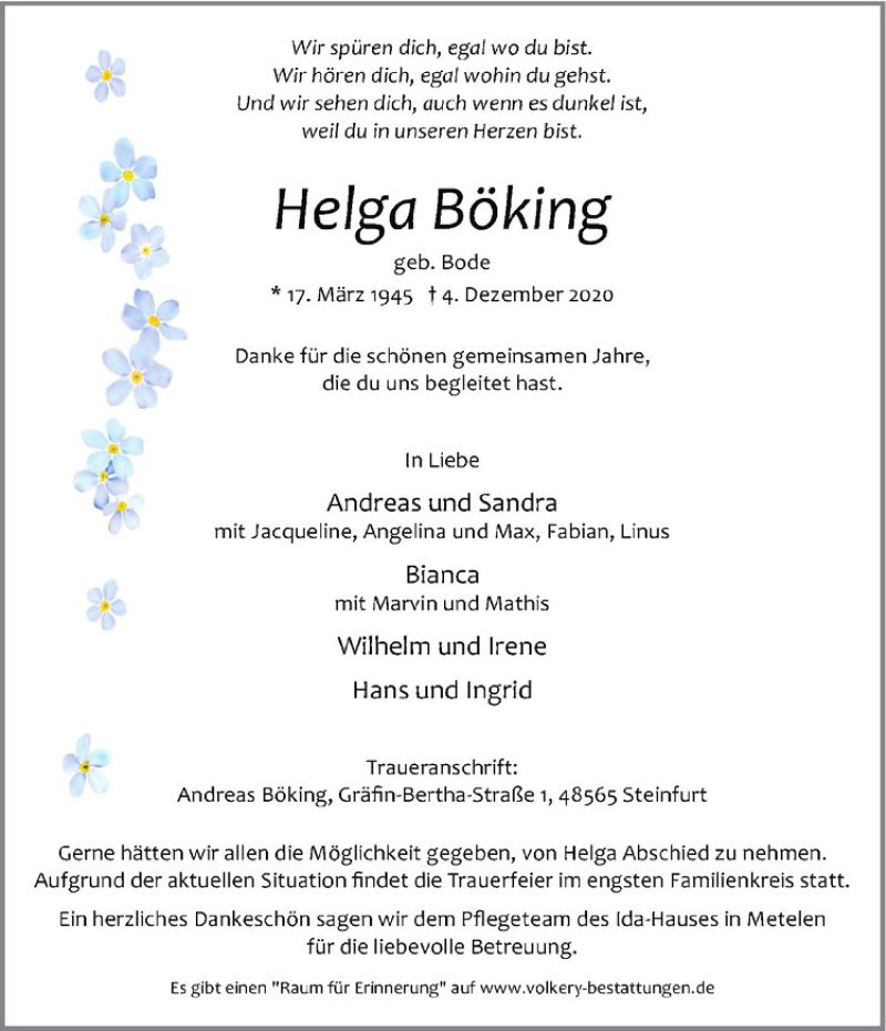  Traueranzeige für Helga Böding vom 08.12.2020 aus Westfälische Nachrichten