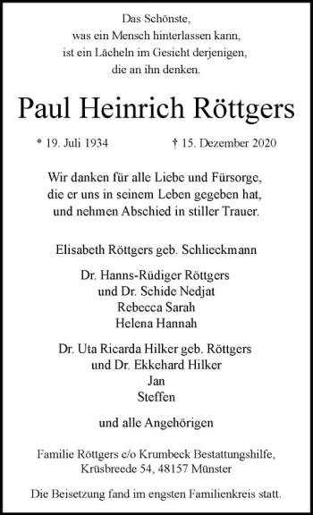 Anzeige von Paul Heinrich Röttgers von Westfälische Nachrichten