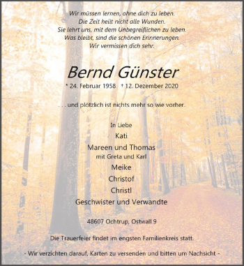 Anzeige von Bernd Günster von Westfälische Nachrichten